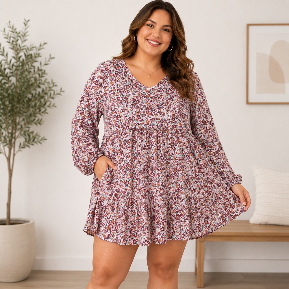 Torrid Floral V-Neck Babydoll Mini Dress Red Multi Long Sleeve Pockets Plus 1